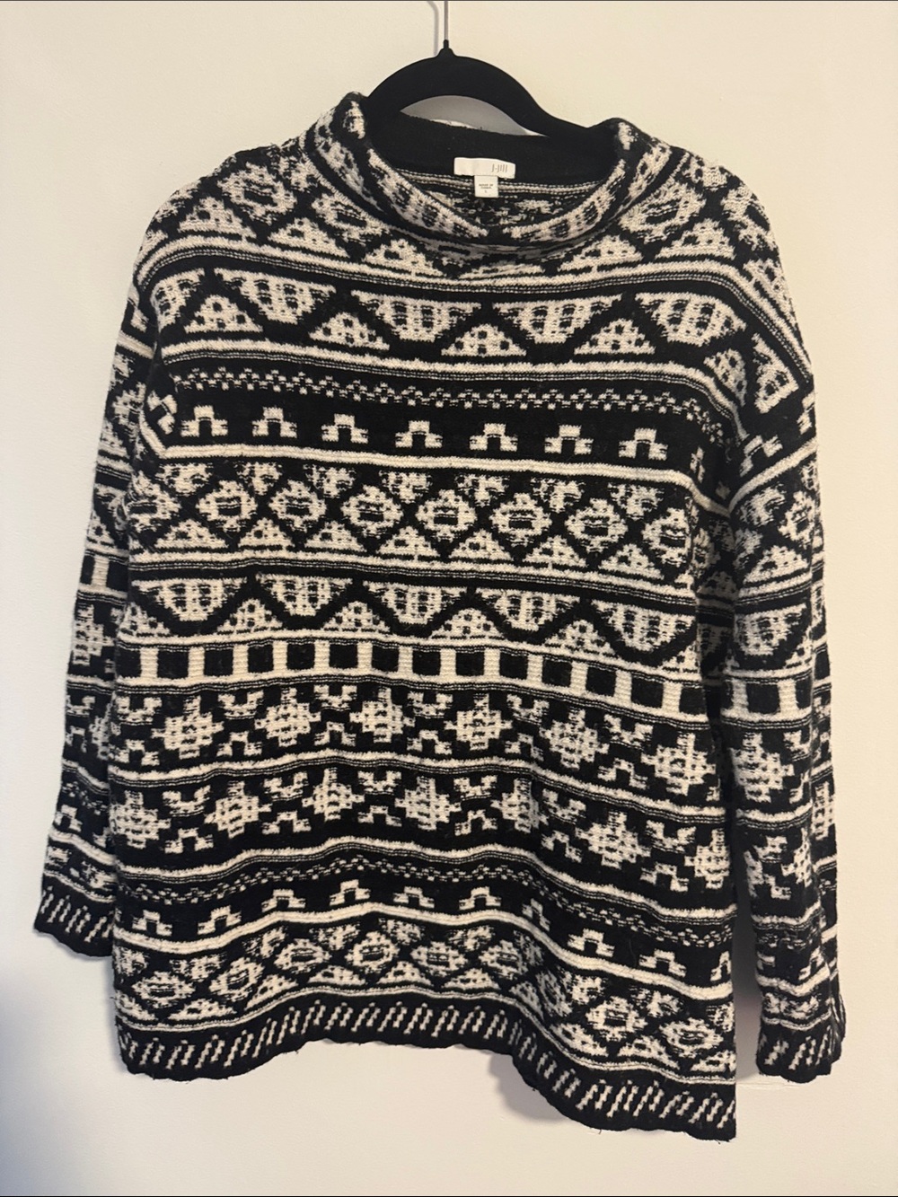 J. Jill Black and White Fair Isle Cowl Sweater